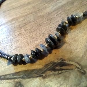 Blue agate black stone and metallic beaded necklace unisex